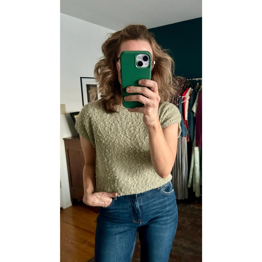 1980's Boucle Sage Short Sleeve Sweater | Light Green Knit Blouse | Medium Top